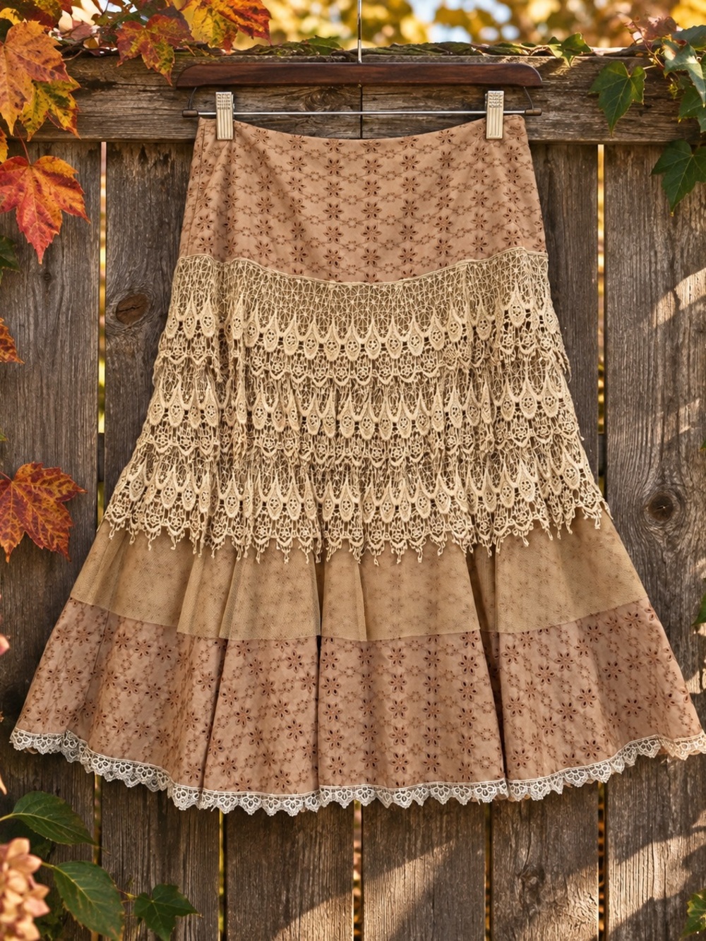 Handmade Latte Brown Lace Eyelet Tiered Skirt Boho Prairie Cottage Artisan